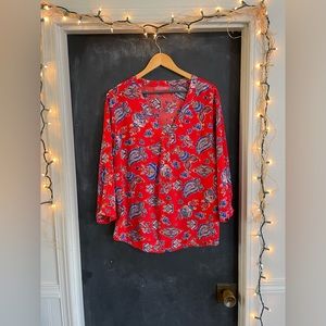 Rose & Thyme Blouse, Size 1X, Red Blue Floral